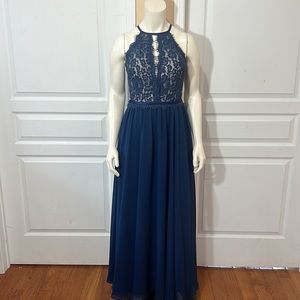 CHRISTINA WU HALTER NECK LACE CHIFFON BRIDSMADE LONG DRESS NAVY BLUE BRAS SIZE 2